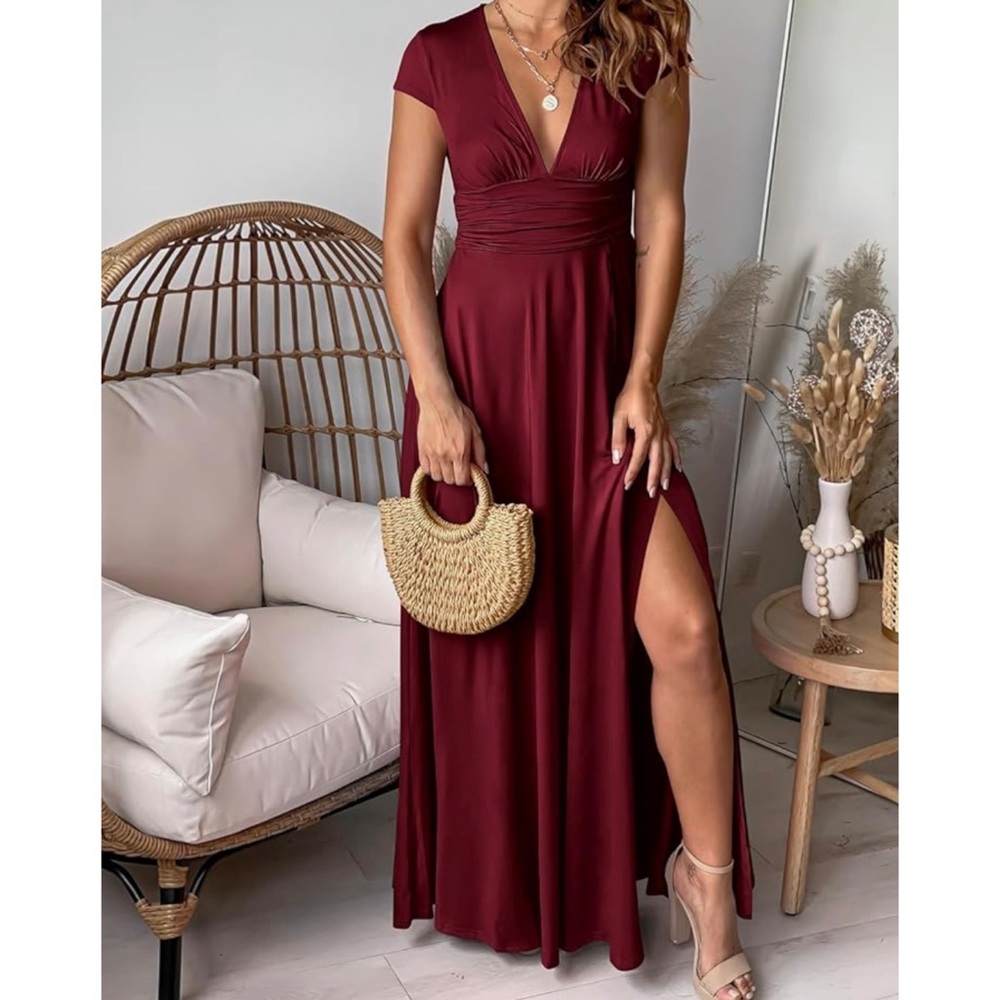 ANRABESS Wine Red Slit Elegant Maxi Dress - MEDIUM